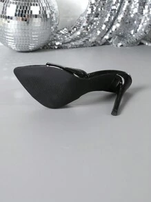 Pointed Toe Solid Color Women High Heel Mule Sandals - Black - View 6