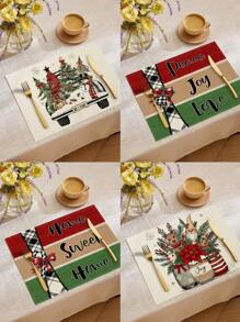 1 件/4 件/6 件圣诞冬季餐垫、圣诞车、冬青树花瓶麋鹿亚麻餐垫、防污餐垫，适用于家庭、餐厅、餐桌装饰、家居用品