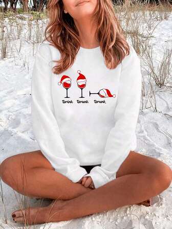 Christmas Wine Glass Printed Round Neck Casual Sweater