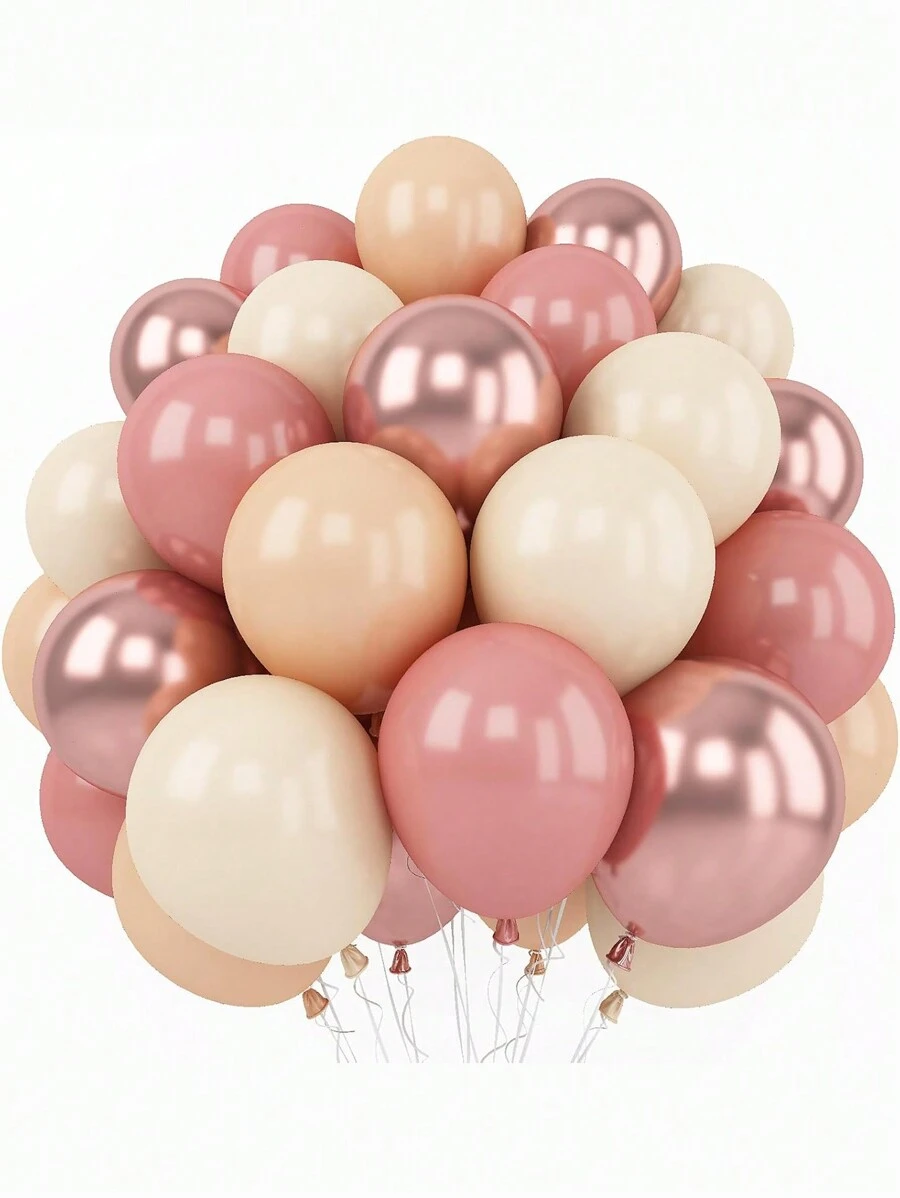 60个10英寸复古腮红粉色气球，包含灰粉色、金属铬色、玫瑰金、白色、裸色，适用于新娘派对、婴儿派对、女孩派对、波西米亚风生日派对、婚礼装饰。 - 彩色 - 查看 1