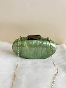 新款欧美金属链单肩包/斜挎包，女士时尚亚克力手拿包，优雅适合礼服/派对，迷你化妆包，时尚纯色新娘手提包 - 軍綠色 - 查看 6