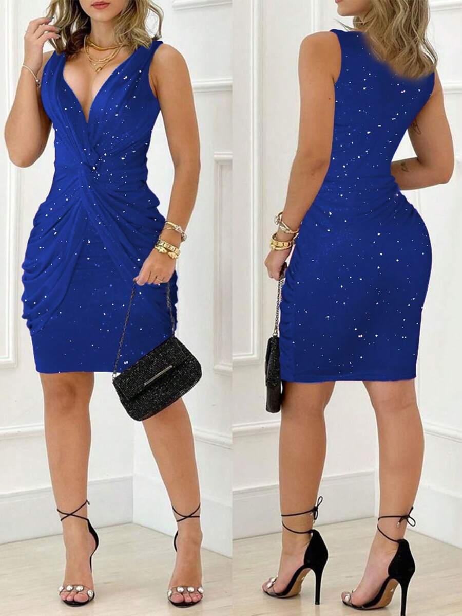 ChicMe 女式闪光无袖扭纹设计 V 领修身性感派对迷你连衣裙 - 藍色 - 查看 1