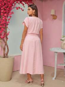 Skirt And Blouse Set In Twill Viscose Short Sleeve Blouse With Boat Neckline Midi Skirt With Flared Model With Pockets And Front Slit - 淺粉色 - 查看 7