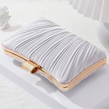 Elegant Ladies Pleated Evening Clutch Bag Bling Rhinestone Buckle Formal Party Purse For Women Wedding Dinner Handbag With Chain - 粉色 - 查看 9