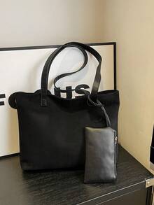 母女两件套零钱包，复古纯色大容量休闲单肩托特包，磨砂麂皮大包，撞色休闲托特包，磨砂纯色大包，优雅多功能通勤女士托特包 - 黑色 - 查看 9