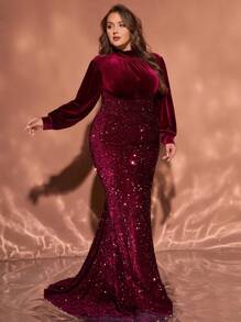 فستان سهرة ماكسي مطرز بالترتر مقاس كبير حجم المرأة برقبة وأكمام طويلة لون بوردو