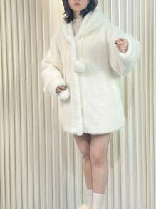 女士时尚日常可爱仿貂毛绒球连帽蓬松外套 - 白色 - 查看 1