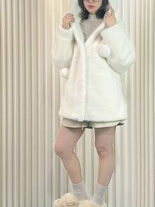 女士时尚日常可爱仿貂毛绒球连帽蓬松外套 - 白色 - 查看 3