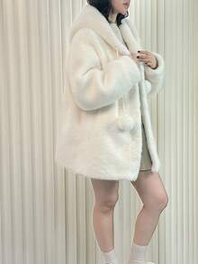 女士时尚日常可爱仿貂毛绒球连帽蓬松外套 - 白色 - 查看 6