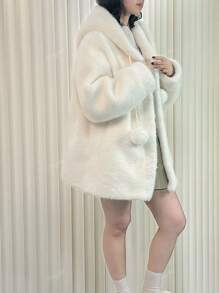 Damen modischer, alltäglicher, süßer, Jacke mit künstlichem Mink Fell Bommel an der Kapuze
