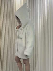 女士时尚日常可爱仿貂毛绒球连帽蓬松外套 - 白色 - 查看 4