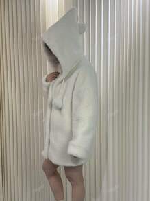 Damen modischer, alltäglicher, süßer, Jacke mit künstlichem Mink Fell Bommel an der Kapuze