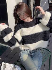 柔软蓬松针织毛衣新款条纹长袖针织上衣宽松短款高档秋冬