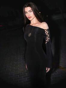Women's Sexy Asymmetrical Neck Fitted Bodycon Dress With Slit - Black - View 2