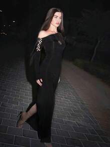 Women's Sexy Asymmetrical Neck Fitted Bodycon Dress With Slit - Black - View 3