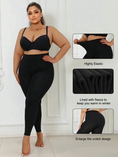 1件装女士加大码保暖内衬七分紧身裤，纯色，时尚保暖紧身裤，适合5-15°C，舒适保暖