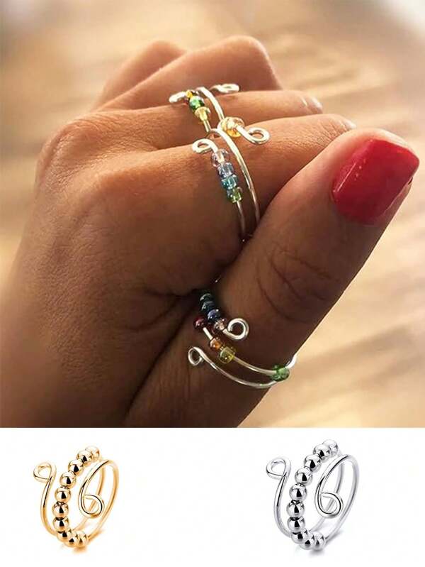 2pcs Relieve Anxiety With A Rotating Ball Ring 3 Different Designs Of Gold And Silver Women's Rings Copper Material 14K Gold-Plated Ring That Can Rotate 10 Round Beads And Has An Open Mouth