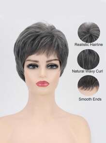 Tóc giả tổng hợp kiểu ngắn cho nữ có mái, thời trang thanh lịch, màu xám đậm, mũ trùm đầu tổng hợp bằng lụa chịu nhiệt độ cao - Màu xám đen - Xem 3