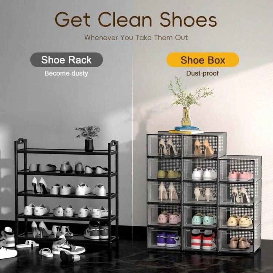 Shoe Organizers Storage Boxes For Closet, 12 Pack Clear Plastic