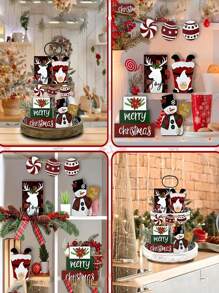 7PCS Merry Christmas Joy To The World Snowman Elk Snowflake Wooden Tiered Tray Decor - Hohoho Merry Christmas Wooden Signs, Christmas Table Centerpieces, Desktop Decor Autumn, And Winter Home Decor, Party Holiday Decor, Family Party Decor, Festive Gifts(Without Trays)