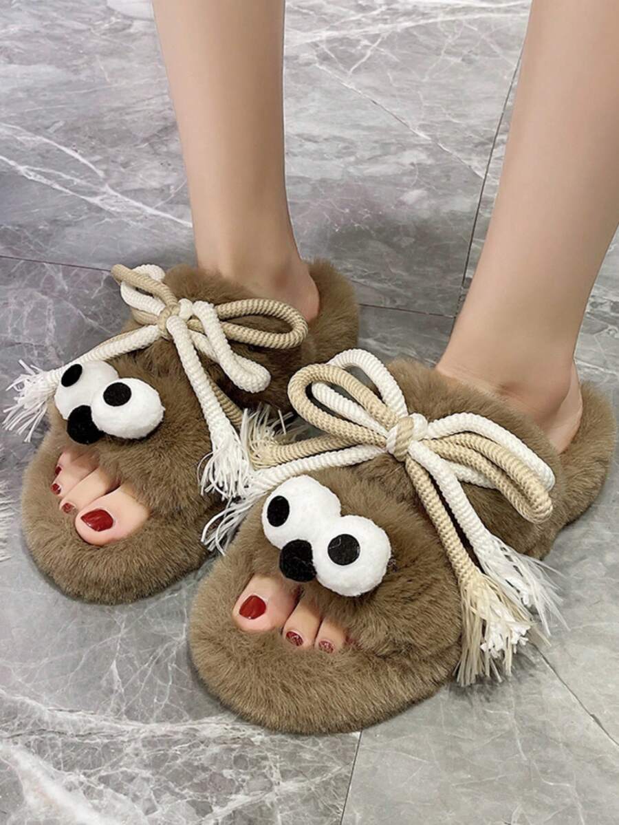 Dép bông thiết kế nơ dễ thương cho đi trong nhà và ngoài trời, thời trang thường ngày, thu/đông - Màu Khaki - Xem 1