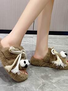 Dép bông thiết kế nơ dễ thương cho đi trong nhà và ngoài trời, thời trang thường ngày, thu/đông - Màu Khaki - Xem 2
