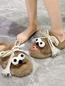 Dép bông thiết kế nơ dễ thương cho đi trong nhà và ngoài trời, thời trang thường ngày, thu/đông - Màu Khaki - Xem 4