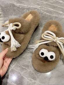 Dép bông thiết kế nơ dễ thương cho đi trong nhà và ngoài trời, thời trang thường ngày, thu/đông - Màu Khaki - Xem 6