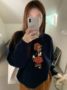 女士圆领长袖熊图案简约休闲上衣，适合日常穿着 - 藏蓝色 - 查看 3