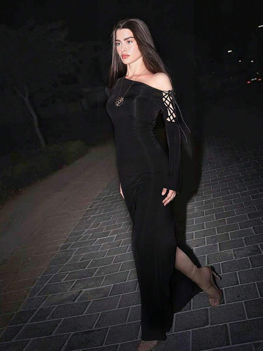 Women's Sexy Asymmetrical Neck Fitted Bodycon Dress With Slit - Black - View 1