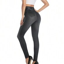 Women Faux Denim Jeans Printed Stretchy Leggings No Pockets High Waist Tummy Control Pencil Pants Trousers Skinny - 黑色 - 查看 5