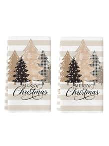 2 件圣诞厨房毛巾套装，冬季农舍雪人和树木设计，超强吸水编织洗碗布，米色卡通主题涤纶茶巾，适合节日装饰和礼物 - 白色 - 查看 4