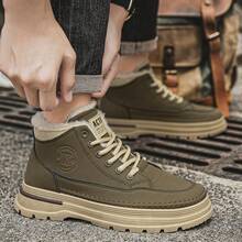全新男士大码休闲运动鞋，毛绒衬里保暖，高帮，厚底，舒适户外运动服 - 卡其色 - 查看 3