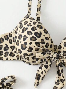 2pcs Women Floral Print Bikini Swimsuit, Sexy Leopard Print Tie Front Padded, Two-Piece Cute Elegant Fashion Hot Girl Beach Style, Summer Holiday