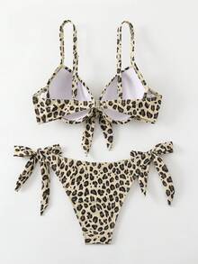 2 件女式花卉印花比基尼泳装，性感豹纹系带前垫，两件套可爱优雅时尚辣妹海滩风格，夏季假日 - 豹紋 - 查看 2
