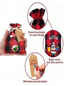 6/12 件圣诞粗麻布礼品袋、圣诞水牛格子束口袋、圣诞黄麻亚麻粗麻布束口袋，适用于圣诞礼物、圣诞装饰品、圣诞派对礼物、圣诞礼物、秘密圣诞老人；圣诞节、圣诞包装纸、圣诞装饰品；圣诞糖果盒、礼品包装、圣诞礼物；情人节礼物、圣诞前夜礼盒、圣诞礼物 - 彩色 - 查看 4