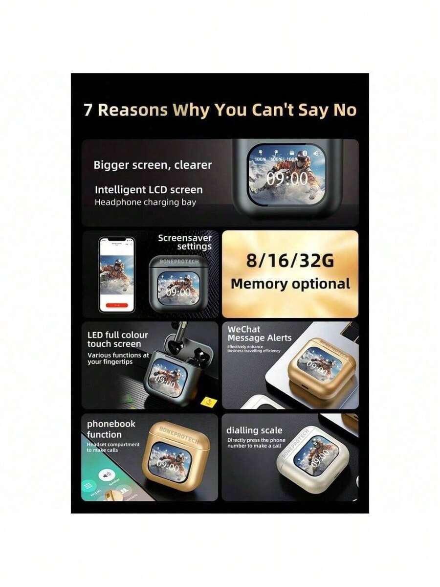 Premier Bluetooth Earbuds Smart Touch Headset, Customizable Screen