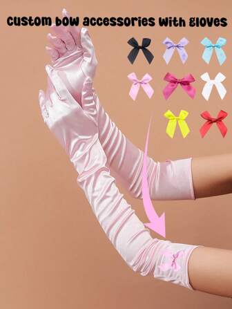 1pc Customized Bow Decor + 1 Pair Wedding Party Colored Gloves, Ideal For Formal Occasion In Winter