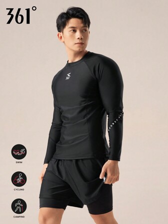 361degree 361 Professional Competition Sports Swimming Suit For Men, 2pcs Set: 1pc Long Sleeve Shirt, 1pc Knee-Length Shorts With Drawstring Waist, Designed For Quick-Dry, Stretchable, Breathable, Swimming, Surfing, Beach Volleyball, Outdoor Sports, Hot Spring, Water Sports, River Trekking, Beach Holiday, Adult & Teens