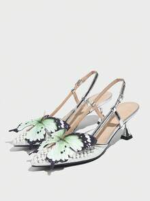 Giày cao gót nữ, thời trang dự tiệc ngoài trời, mũi nhọn da rắn ánh kim họa tiết bướm 3D, giày cao gót màu trắng thanh lịch, gợi cảm cho nữ - trắng - Xem 5