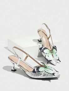 Giày cao gót nữ, thời trang dự tiệc ngoài trời, mũi nhọn da rắn ánh kim họa tiết bướm 3D, giày cao gót màu trắng thanh lịch, gợi cảm cho nữ - trắng - Xem 6