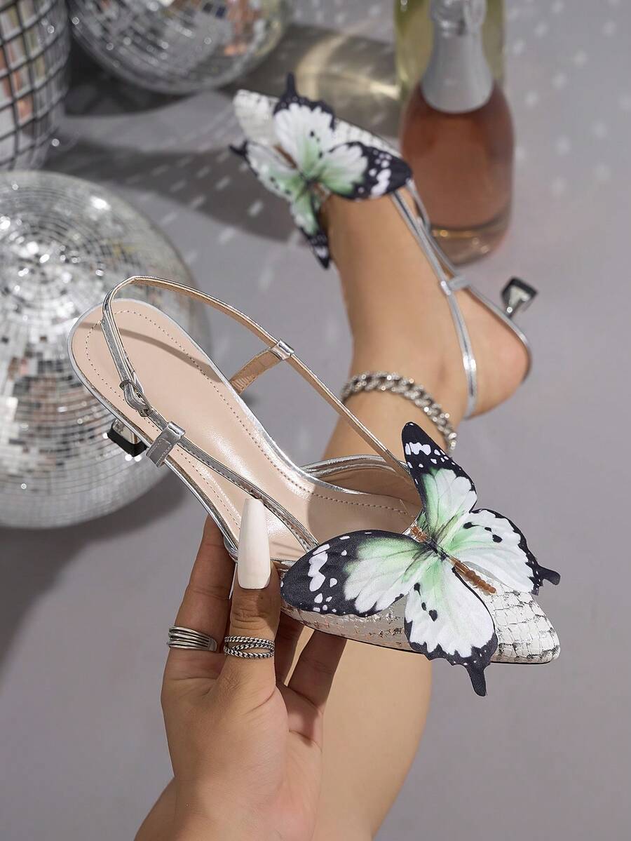 Giày cao gót nữ, thời trang dự tiệc ngoài trời, mũi nhọn da rắn ánh kim họa tiết bướm 3D, giày cao gót màu trắng thanh lịch, gợi cảm cho nữ - trắng - Xem 1