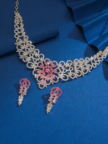 3 件水钻装饰多色花朵和叶子设计首饰套装，适合婚礼、派对和日常佩戴 - 彩色 - 查看 2