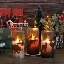 3pcs Flameless Led Real Glass Remote Candles With Deer Moose Bear Decal, 3" X6" Flickering Battery Operated Timer Pillar Candles For Halloween, Christmas, Party Decor(Long Life 450H) - Multicolor - View 3