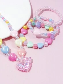 Bộ 4 chiếc/Bộ mặt dây chuyền hình trái tim cho bé gái, Bộ trang sức vòng tay hạt cườm, Thích hợp cho tiệc ngày lễ, Quà tặng sinh nhật, Trang phục hàng ngày, Màu ngẫu nhiên - Nhiều màu - Xem 2