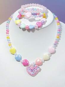 Bộ 4 chiếc/Bộ mặt dây chuyền hình trái tim cho bé gái, Bộ trang sức vòng tay hạt cườm, Thích hợp cho tiệc ngày lễ, Quà tặng sinh nhật, Trang phục hàng ngày, Màu ngẫu nhiên - Nhiều màu - Xem 9