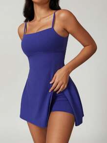 Women's Tennis Dress With Shorts, Spaghetti Strap Backless Yoga Golf Dresses, Side Slit A-Line Exercise Workout Dress(It Is Recommended To Buy The Product One Size Larger) - 藍色 - 查看 5