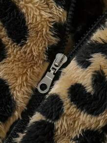 Young Girl Leopard Print Warm Winter Jacket With Cute Bear Ear Hood, Zipper Closure And Pockets, Thick And Insulated - Coffee Brown - View 4