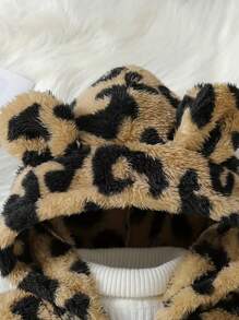 Young Girl Leopard Print Warm Winter Jacket With Cute Bear Ear Hood, Zipper Closure And Pockets, Thick And Insulated - Coffee Brown - View 3