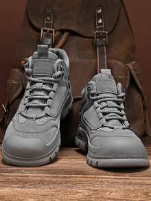 男士登山靴春秋新款厚底防滑耐磨中帮圆头系带PU皮拼接防水防油复古英伦风户外运动登山靴男百搭户外摩托车靴 - 灰色 - 查看 6